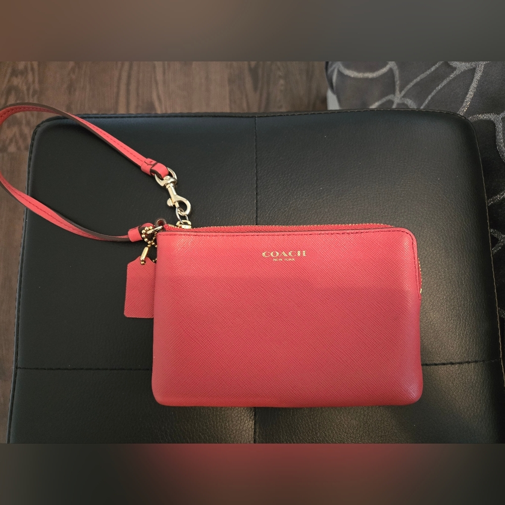 Coach Coral Pink Saffiano Leather Wristlet with Gold Hardware
